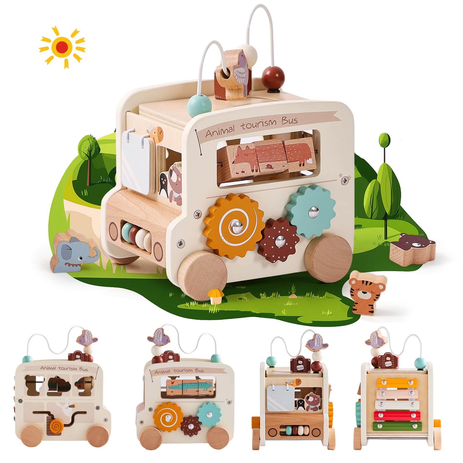 Montessori 8-in-1 Wooden Activity Bus - Multifunctional Learning Toy for Toddlers